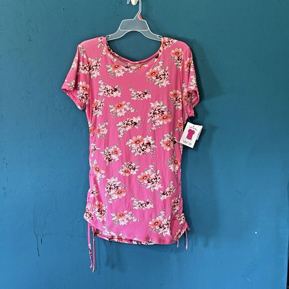 Bobbie Brooks Pink Floral Print Tunic Top w/ Stretch Side Drawstring - Large - Picture 1 of 9